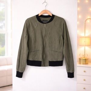 ✨Olive Green Collarless Zip Up Cropped Bomber Jacket Size S